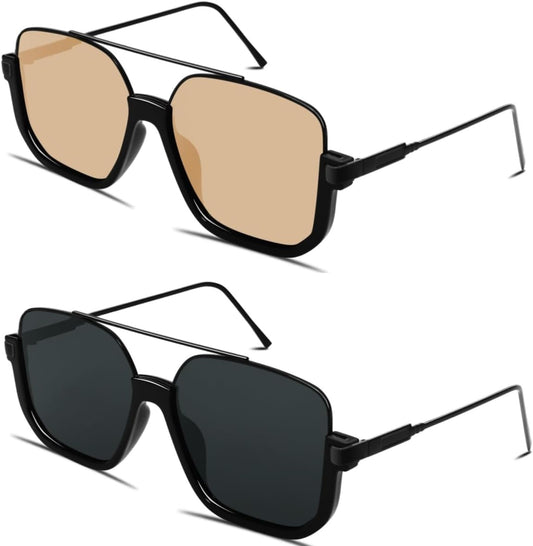 CZTICLE®  Retro Oversized Aviator Sunglasses for Women Men Square Double Bridge Pilot Sun Glasses 70s Trendy Shades