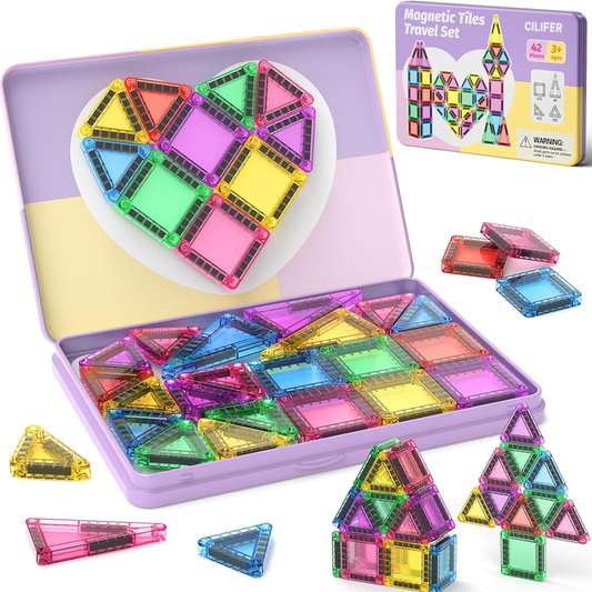 CILIFER® 42-Piece Mini Magnetic Tiles Travel Set with Metal Storage Box - Portable STEM Building Blocks for Kids Ages 3-8. Montessori Educational Toys for Airplane & Car Rides. Gift for Boys & Girls