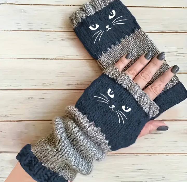 CILIFER® 1 Pair Women's Winter Touchscreen Thermal Gloves with Cat Embroidery Color Block