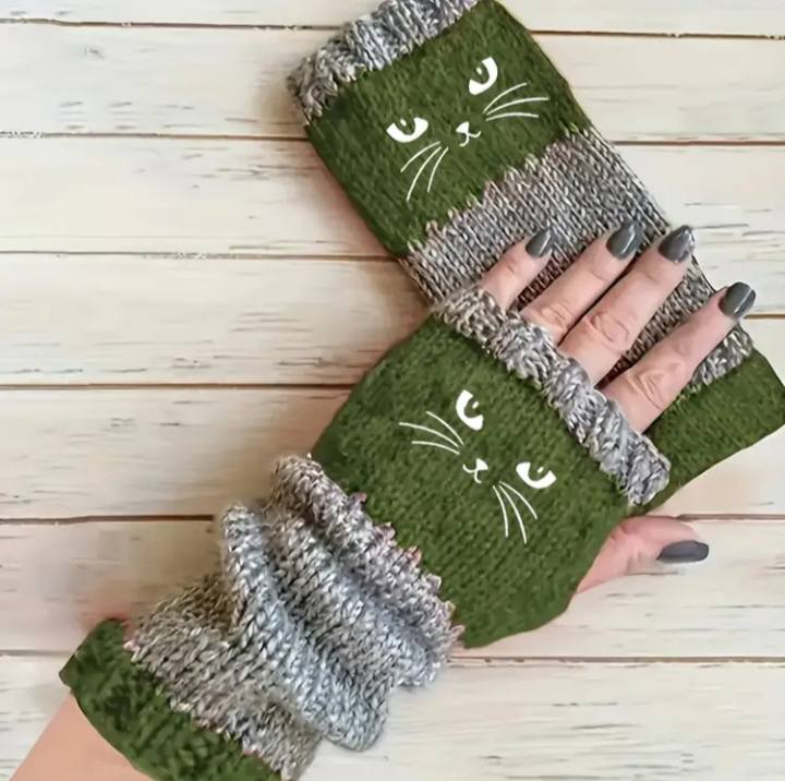CILIFER® 1 Pair Women's Winter Touchscreen Thermal Gloves with Cat Embroidery Color Block