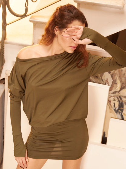SFRCORD® Women's Tunic Dress Off the Shoulder Batwing Long Sleeve Slouchy Casual Night Out Wedding Party Short Mini Tshirt Dress Shift Dresses Oversized Pullover Army Olive Green