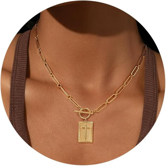 Cilifer® Gold and Silver Cross Pendant Necklace for Women. Toggle Clasp Rectangle Cross Charm Necklace. Dainty Paperclip Chain Religious Jewelry Gift for Christian Faith. Baptism.