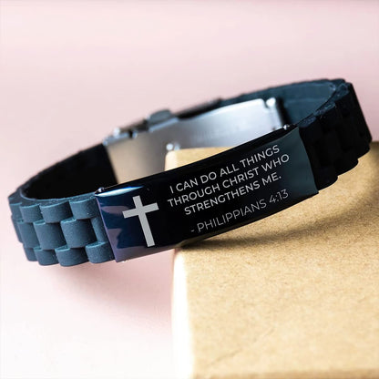 CZTICLE® Baptism Gifts For Teenage Boys. Religious Catholic Christian Bracelet For Men. I Can Do All Things Through Christ. Stainless Steel Silver Silicone. no gemstone