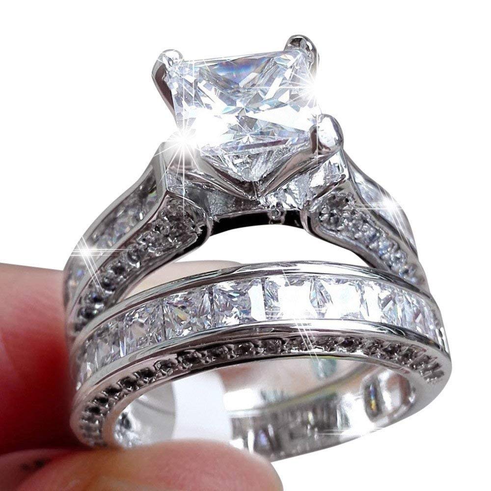 CILIFER® 2-in-1 Womens Vintage Princess Cut Topaz Cz 10KT White Gold Filled White Diamond Silver Engagement Wedding Band Ring Set Size6-10 (US Code 8)