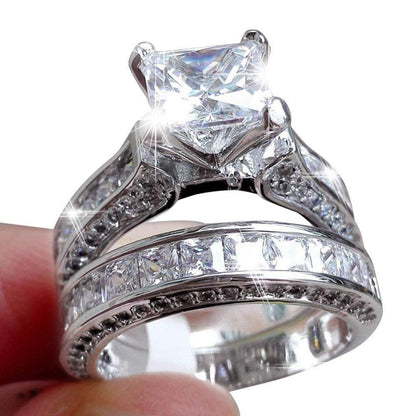 CILIFER® 2-in-1 Womens Vintage Princess Cut Topaz Cz 10KT White Gold Filled White Diamond Silver Engagement Wedding Band Ring Set Size6-10 (US Code 8)