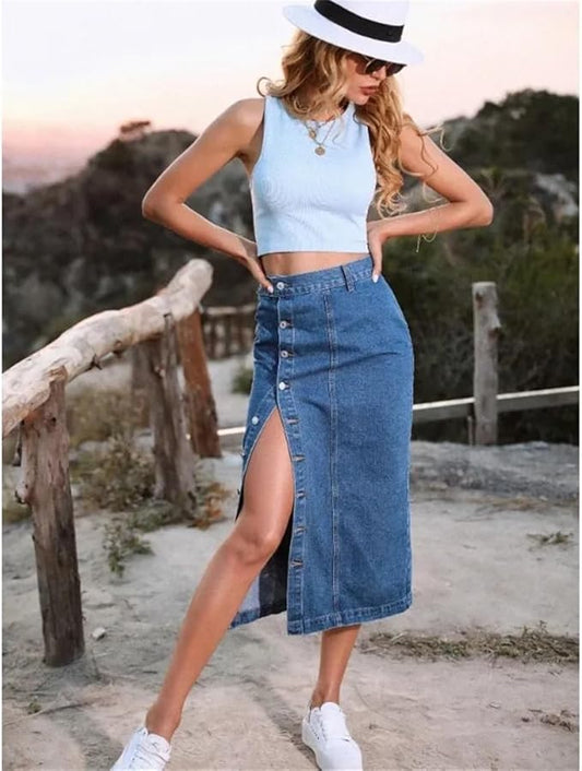 SFRCORD® Women's Casual High Waisted Button Up Denim Midi Skirts Irregular Split A Line Jean Pencil Skirt