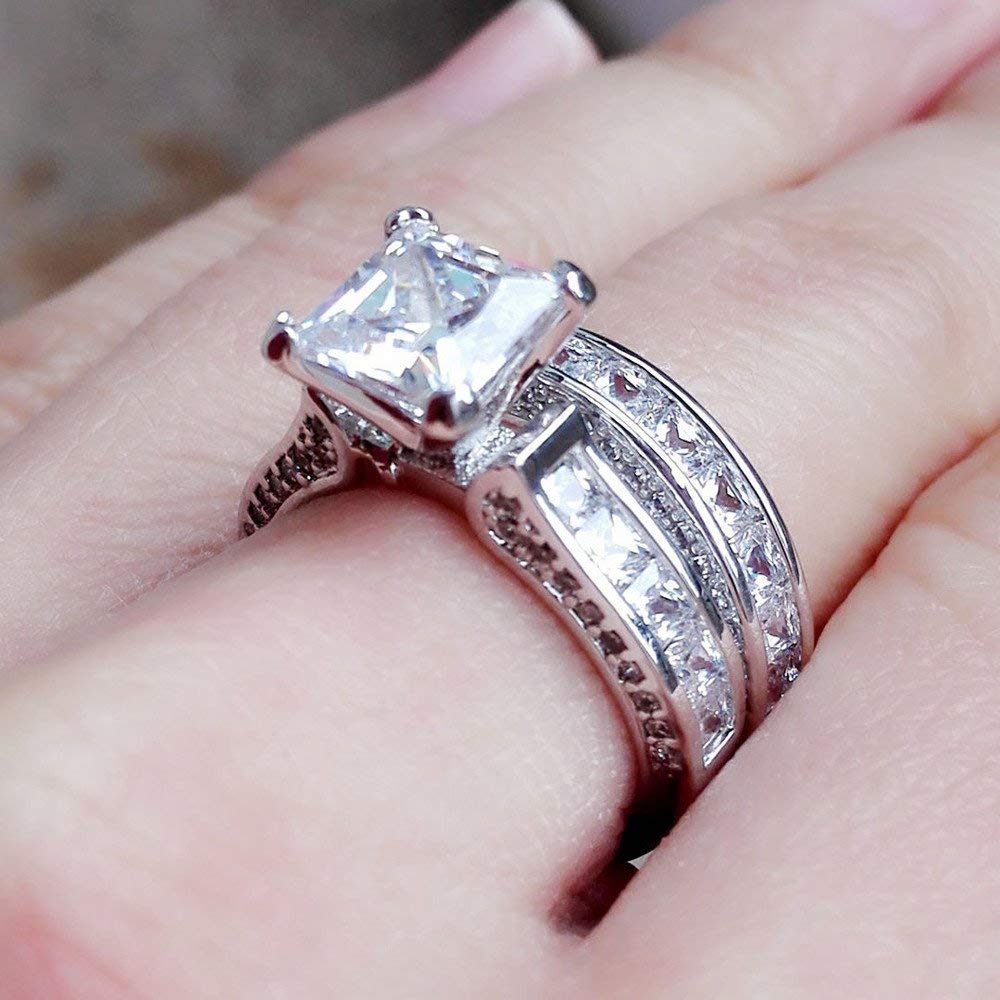 CILIFER® 2-in-1 Womens Vintage Princess Cut Topaz Cz 10KT White Gold Filled White Diamond Silver Engagement Wedding Band Ring Set Size6-10 (US Code 8)