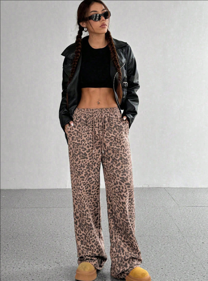 SFRCORD® Women's Leopard Print Loose Straight Leg Casual Trousers, High-End Slimming