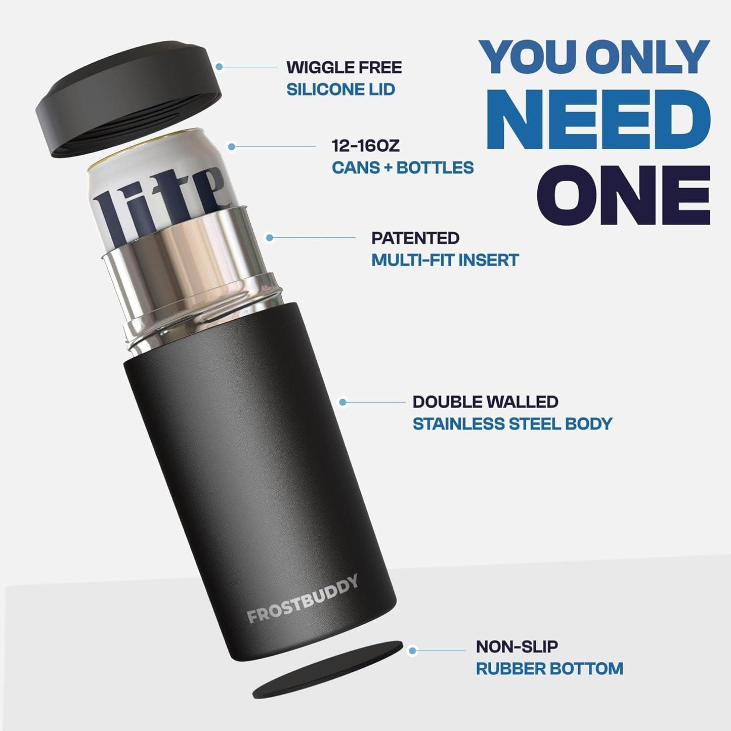 CZTICLE® Universal Buddy Can Cooler - Fits All - For Regular 12 & 16 oz or Slim-Size Bottles - Insulated Double -Walled Stainless Steel (All white)