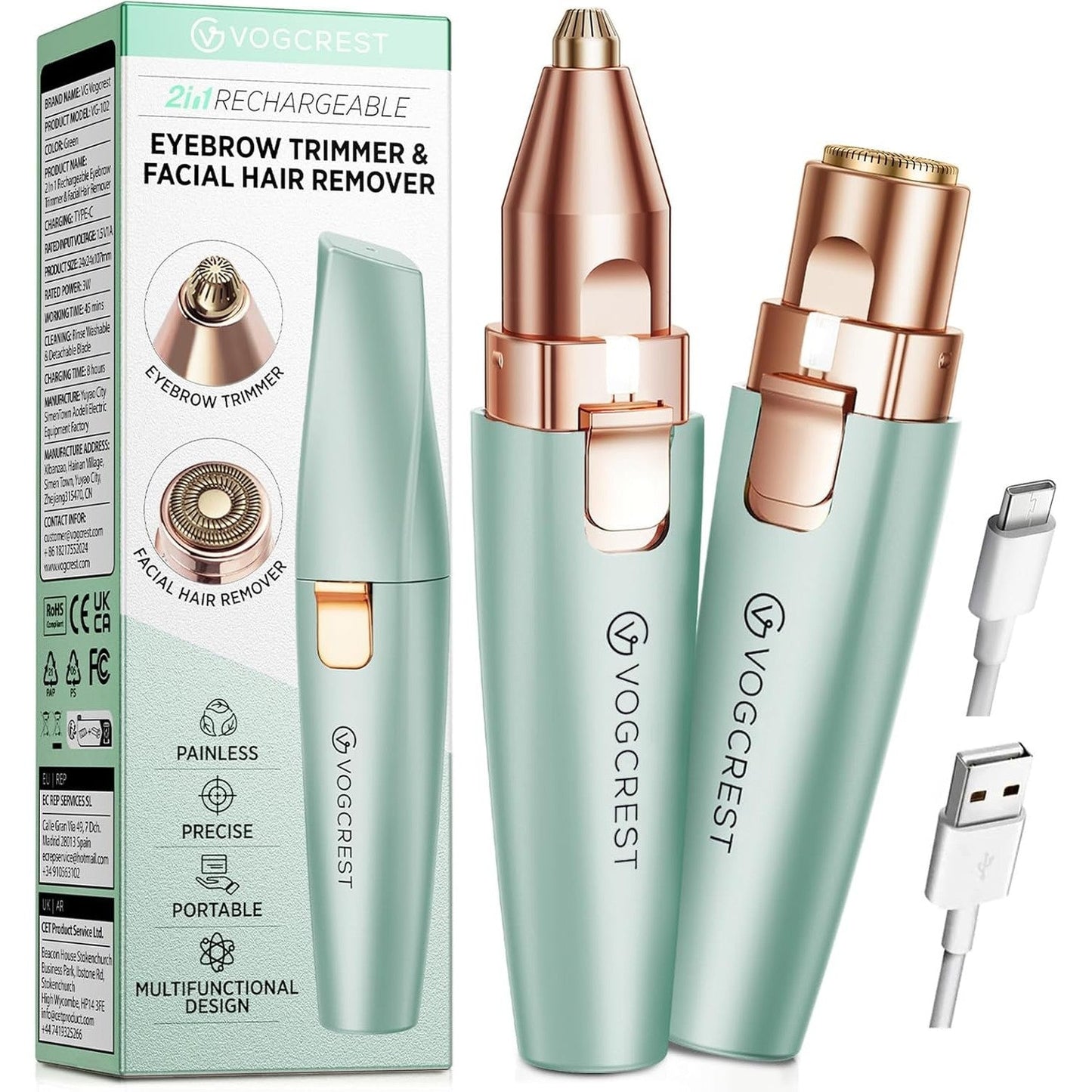 CILIFER® VOGUBEST Eyebrow Facial Trimmer: 2 in1 Rechargeable Facial Hair Removal and Eyebrow Shaver - Face Lips Body Painless Facial Razor with Built-in LED Light (Green)
