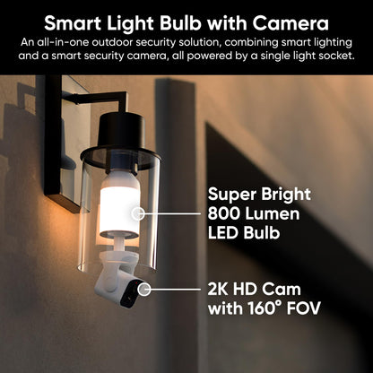 CILIFER® Security Camera, 2K HD Outdoor Light Bulb Camera, Color Night Vision, Dimmable LED Bulb, Motion Detection, Siren Alarm, Works w/Alexa/Google Assistant.
