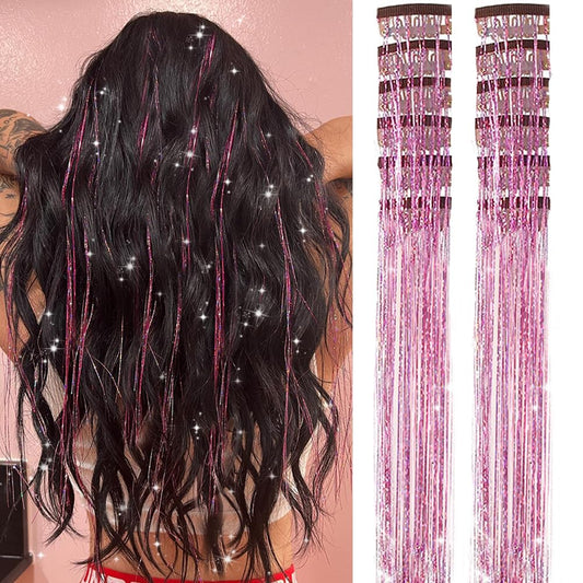 Cilifer® Hair Tinsel Pack of 12 Pcs Clip in Hair Tinsel 20 Inch Glitter Pink Tinsel Hair Extensions.