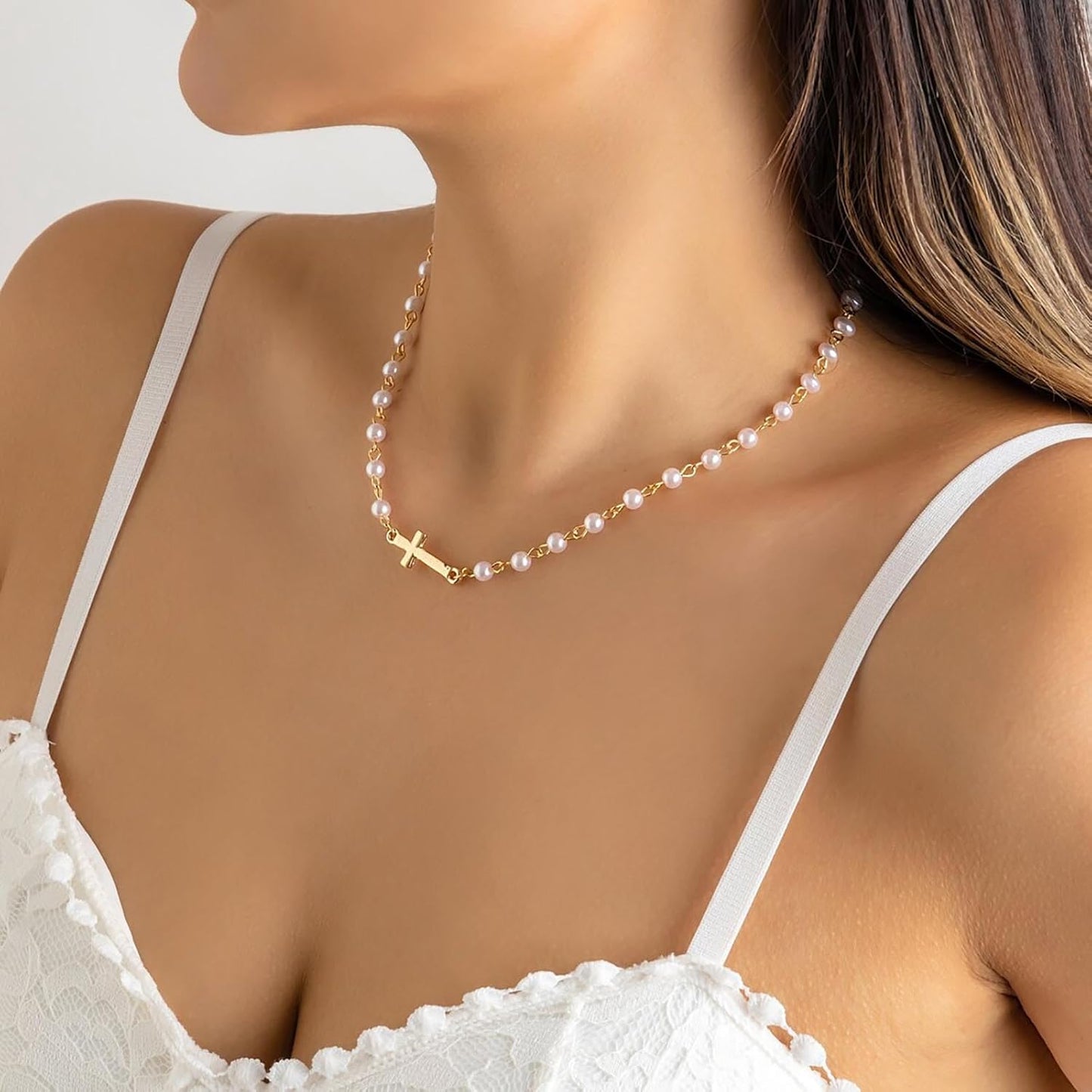CZTICLE® Pearl Choker Necklace Gold Pearl Necklace Choker Vintage Cross Crucifix Necklace Minimalist Pearl Cross Necklace Jewelry for Women