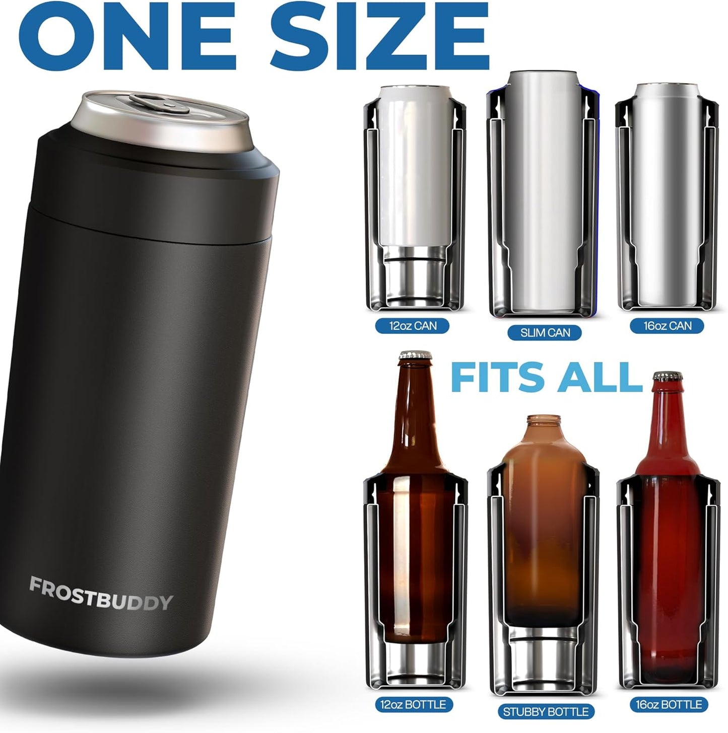 CZTICLE® Universal Buddy Can Cooler - Fits All - For Regular 12 & 16 oz or Slim-Size Bottles - Insulated Double -Walled Stainless Steel (All white)