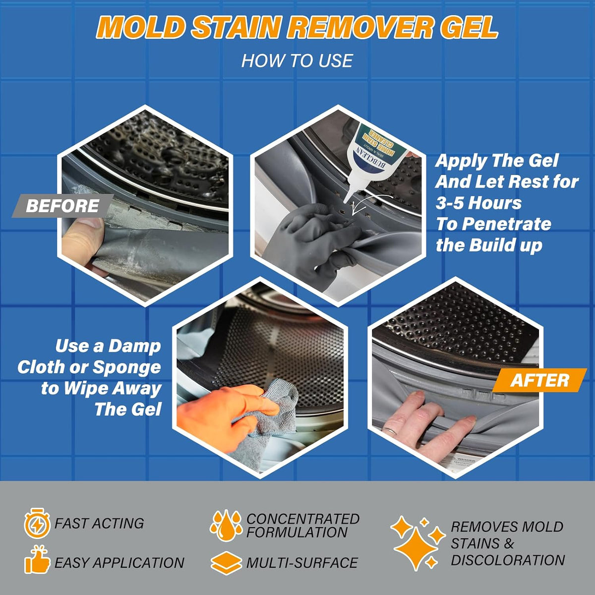 BUBCLEAN Home Stain Remover Gel Cleaner. Heavy Duty Black Surface Stain Cleaner for Washing Machine. Bathroom Grout. Shower. Bathtub. Tile. Fridge Rubber. Kitchen Sinks. 1 Pack