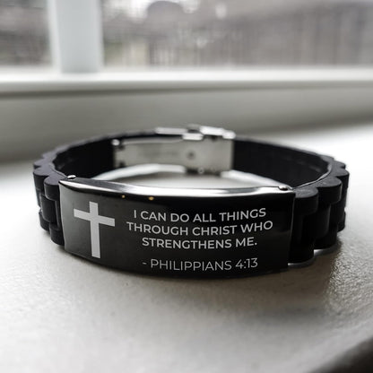 CZTICLE® Baptism Gifts For Teenage Boys. Religious Catholic Christian Bracelet For Men. I Can Do All Things Through Christ. Stainless Steel Silver Silicone. no gemstone