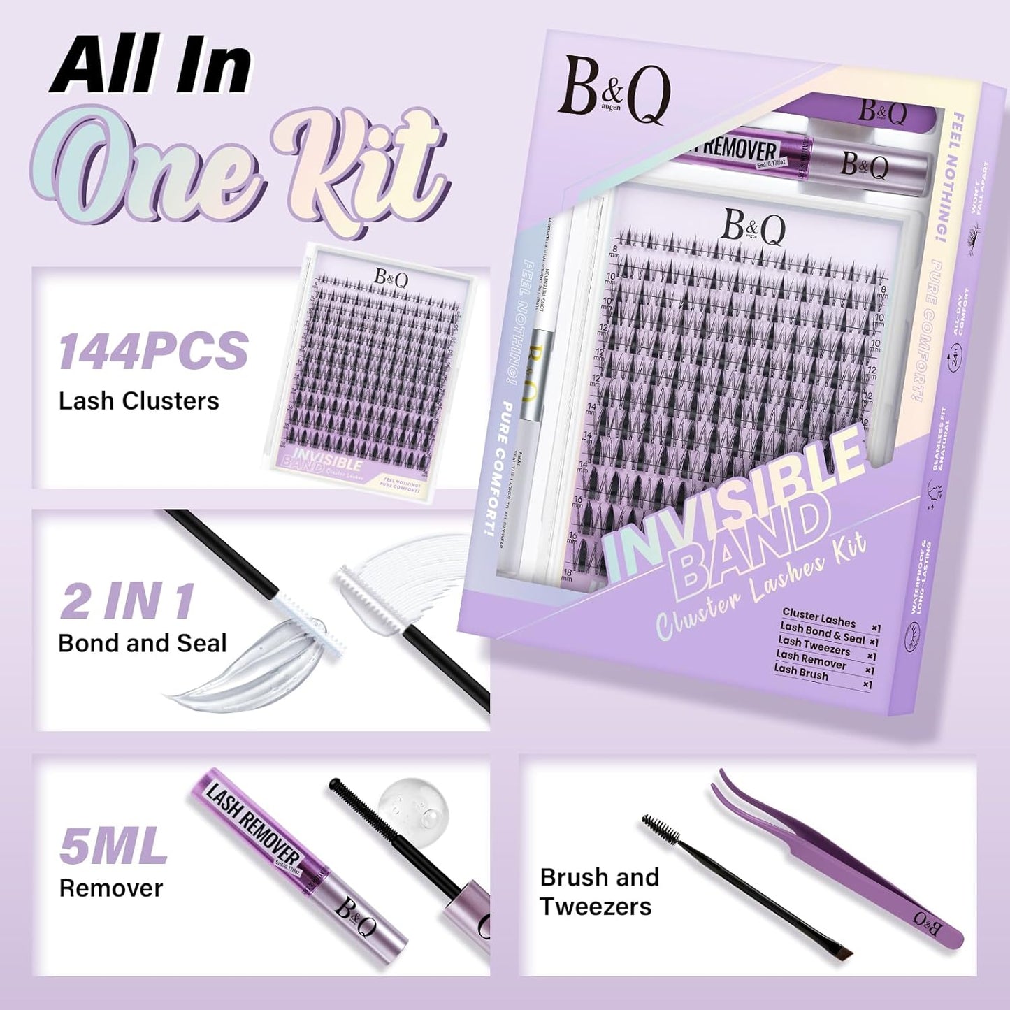 LUHAKA® Fairy Lash Clusters Kit 8-18 MIX Natural Lashes Clusters Invisible Band 144 pcs Manga Lashes Individual with Lash Bond and Seal Eyelash Extension Kit Easy Removal (Kit-Fairy Lash-MIX8-18mm)