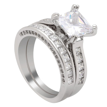 CILIFER® 2-in-1 Womens Vintage Princess Cut Topaz Cz 10KT White Gold Filled White Diamond Silver Engagement Wedding Band Ring Set Size6-10 (US Code 8)