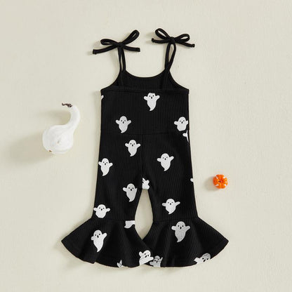 SFRCORD® Halloween Toddler Girl Bell BottomJumpsuit Boo Embroidery Ghost Print RomperBaby Spaghetti Straps Overalls Flare Pant KidPlaysuit