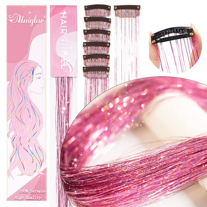 Cilifer® Hair Tinsel Pack of 12 Pcs Clip in Hair Tinsel 20 Inch Glitter Pink Tinsel Hair Extensions.