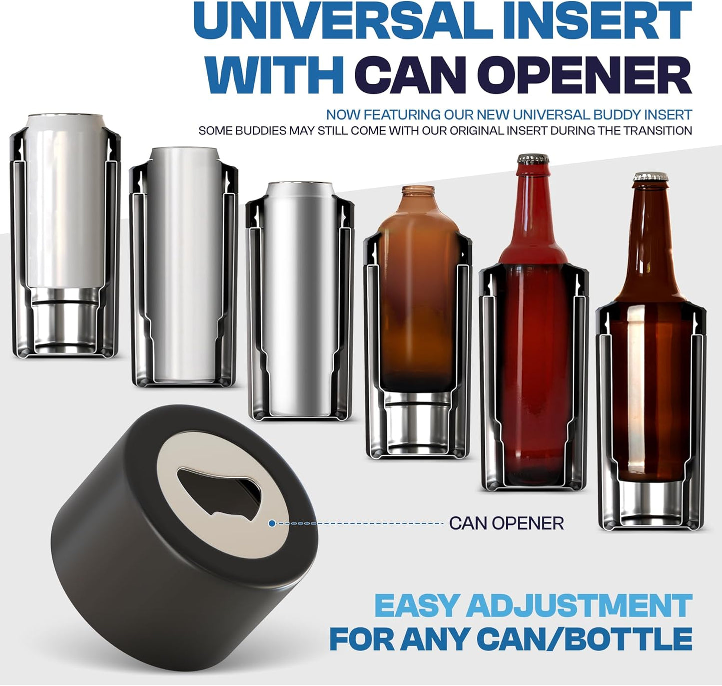 CZTICLE® Universal Buddy Can Cooler - Fits All - For Regular 12 & 16 oz or Slim-Size Bottles - Insulated Double -Walled Stainless Steel (All white)