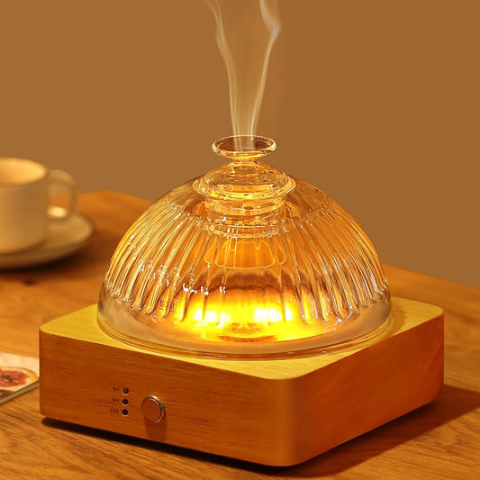 CZTICLE® 200ml Glass Dome Essential Oil Diffuser. Ultrasonic Aroma Diffusers with Glass Reservoir & Wood Base Timer Auto-Off Brightness Adjustable Flame Light