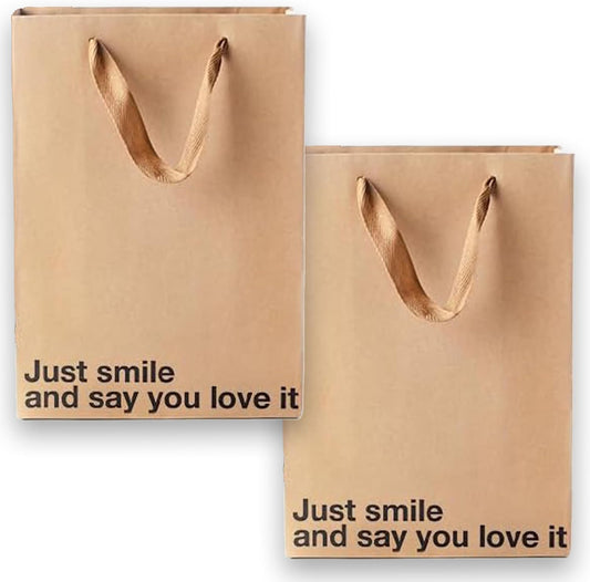 CILIFER® MilkToast Brands Funny Gift Bags. 11 x 8 x 4 Size. Just Smile And Say You Love It. Pack of 2 Brown Kraft Paper Bags with Sarcastic Phrases. Funny Gift Bags for Christmas and White Elephant Gifts