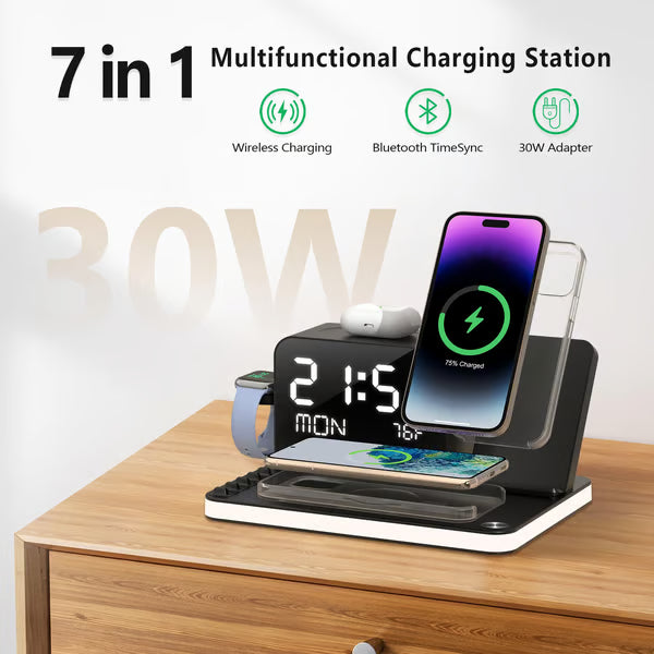 CILIFER® 7 in 1 Charging Station with Clock. Wireless Charger with Night Light(Fast Charging)⚡