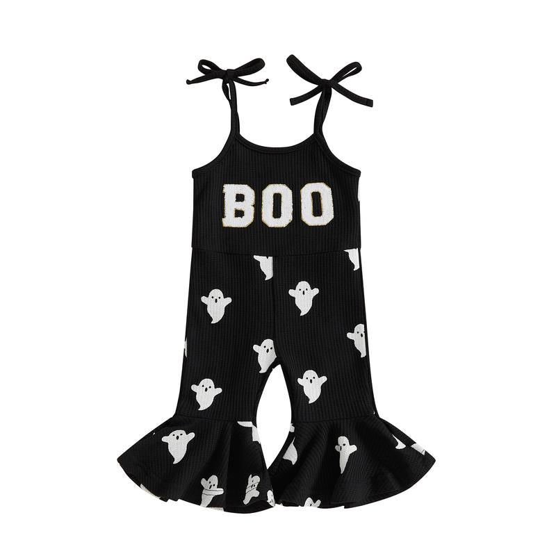 SFRCORD® Halloween Toddler Girl Bell BottomJumpsuit Boo Embroidery Ghost Print RomperBaby Spaghetti Straps Overalls Flare Pant KidPlaysuit