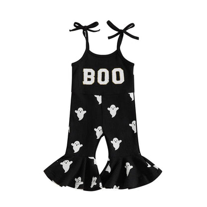 SFRCORD® Halloween Toddler Girl Bell BottomJumpsuit Boo Embroidery Ghost Print RomperBaby Spaghetti Straps Overalls Flare Pant KidPlaysuit