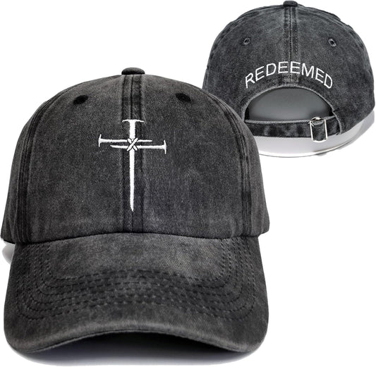 SFRCORD® Christian Redeemed Cross Nails Hats for Men Women. Vintage Adjustable Cotton Embroidered Front & Back Baseball Cap