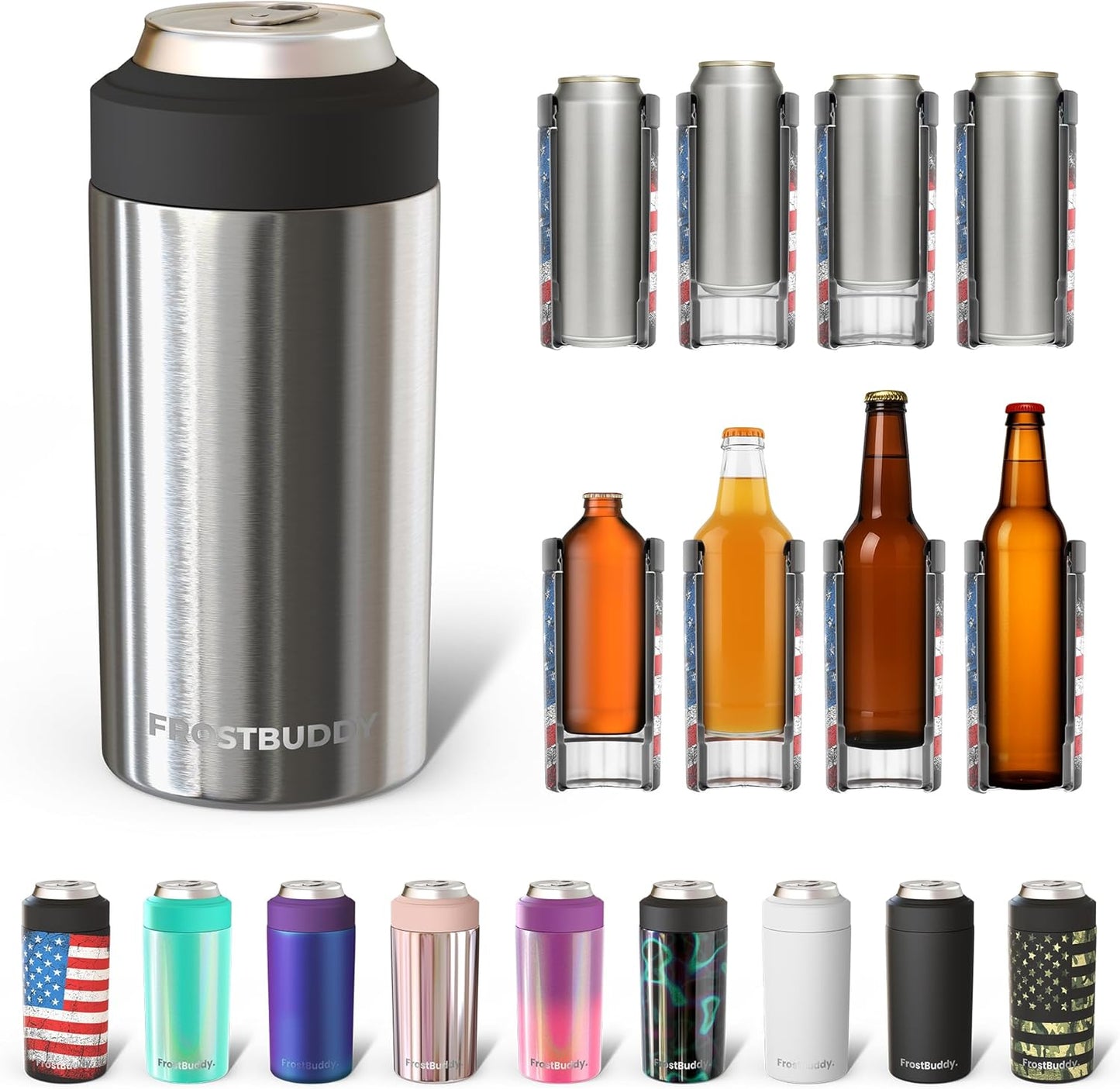 CZTICLE® Universal Buddy Can Cooler - Fits All - For Regular 12 & 16 oz or Slim-Size Bottles - Insulated Double -Walled Stainless Steel (All white)