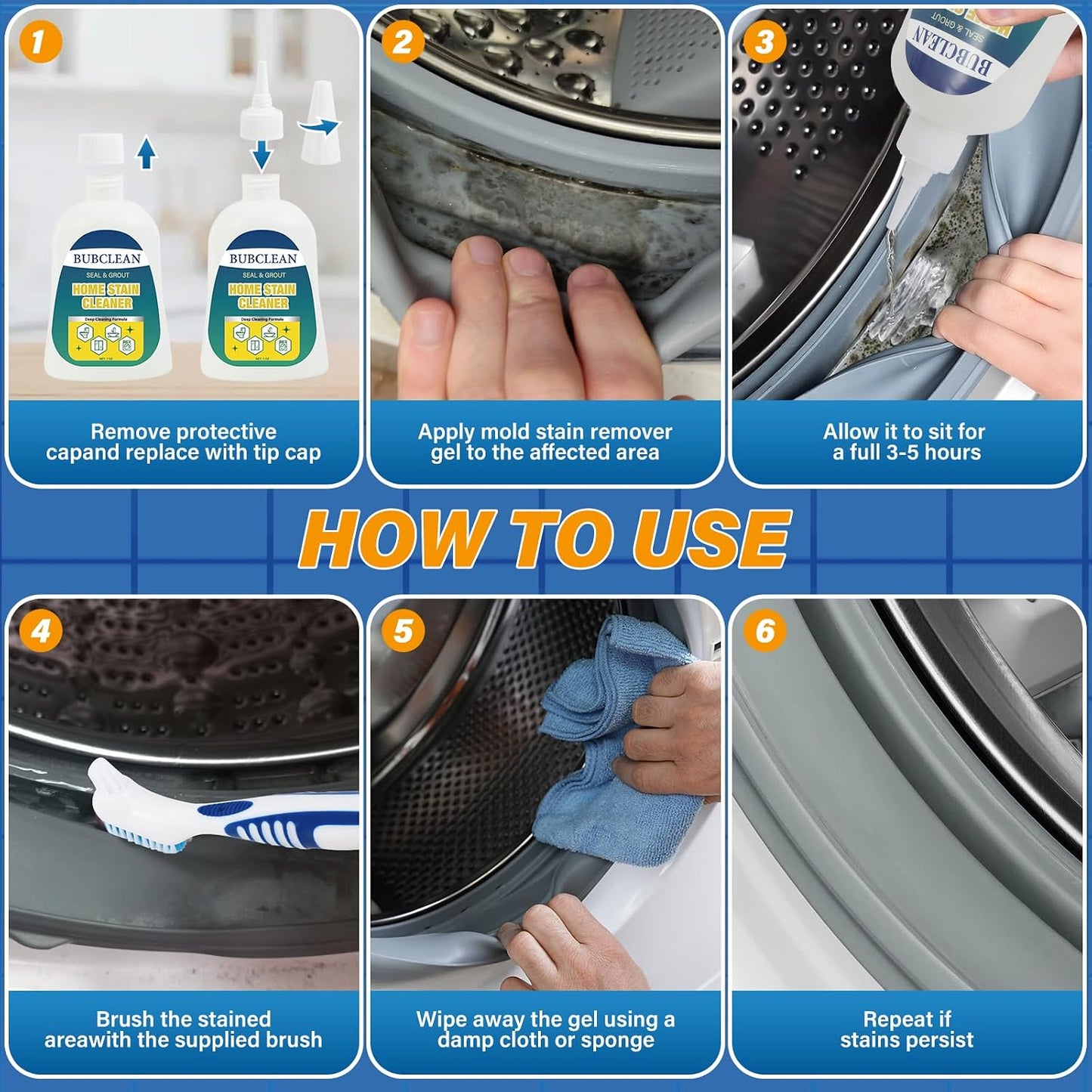 BUBCLEAN Home Stain Remover Gel Cleaner. Heavy Duty Black Surface Stain Cleaner for Washing Machine. Bathroom Grout. Shower. Bathtub. Tile. Fridge Rubber. Kitchen Sinks. 1 Pack