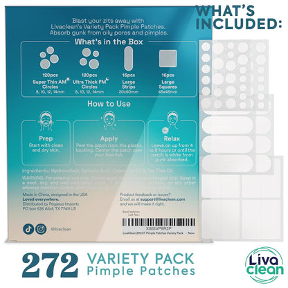 LUHAKA® 272 CT Pimple Patches Variety Pack w/ Tea Tree Oil, Salicylic Acid & Calendula Oil