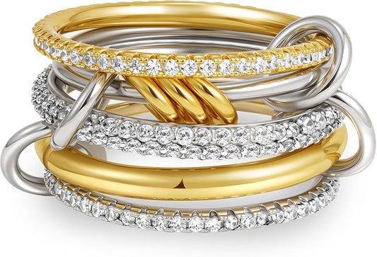 CZTICLE® Gold Stackable Rings for Women, 18K Gold Plated Cubic Zirconia Rings Silver Gold Multi Ring Mixed Metals Stackable Ring Set for Women Non Tarnish
