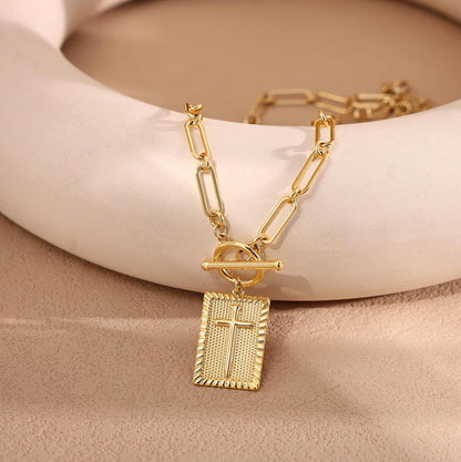 Cilifer® Gold and Silver Cross Pendant Necklace for Women. Toggle Clasp Rectangle Cross Charm Necklace. Dainty Paperclip Chain Religious Jewelry Gift for Christian Faith. Baptism.