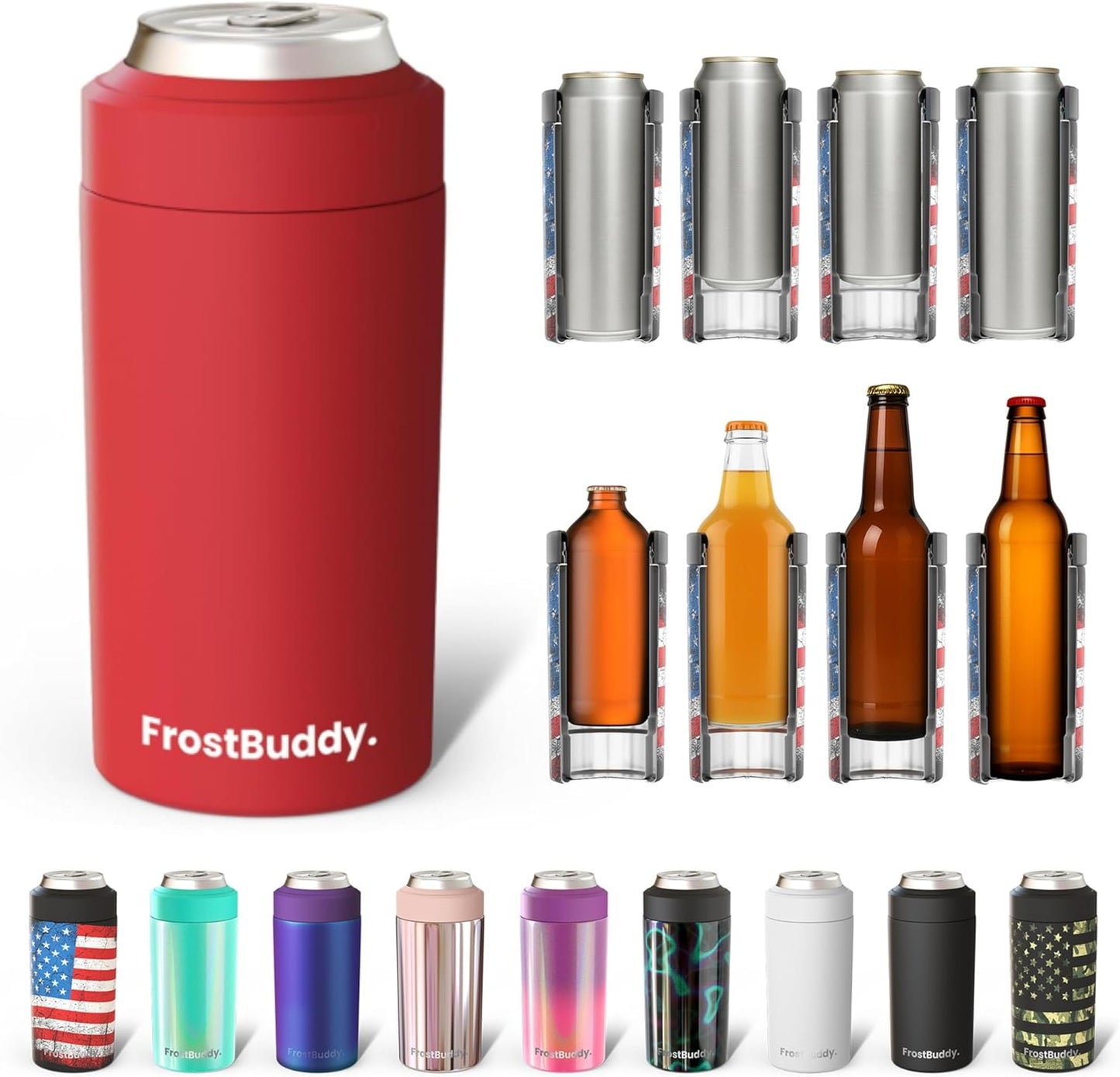 CZTICLE® Universal Buddy Can Cooler - Fits All - For Regular 12 & 16 oz or Slim-Size Bottles - Insulated Double -Walled Stainless Steel (All white)