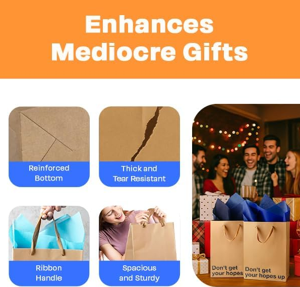 CILIFER® MilkToast Brands Funny Gift Bags. 11 x 8 x 4 Size. Just Smile And Say You Love It. Pack of 2 Brown Kraft Paper Bags with Sarcastic Phrases. Funny Gift Bags for Christmas and White Elephant Gifts