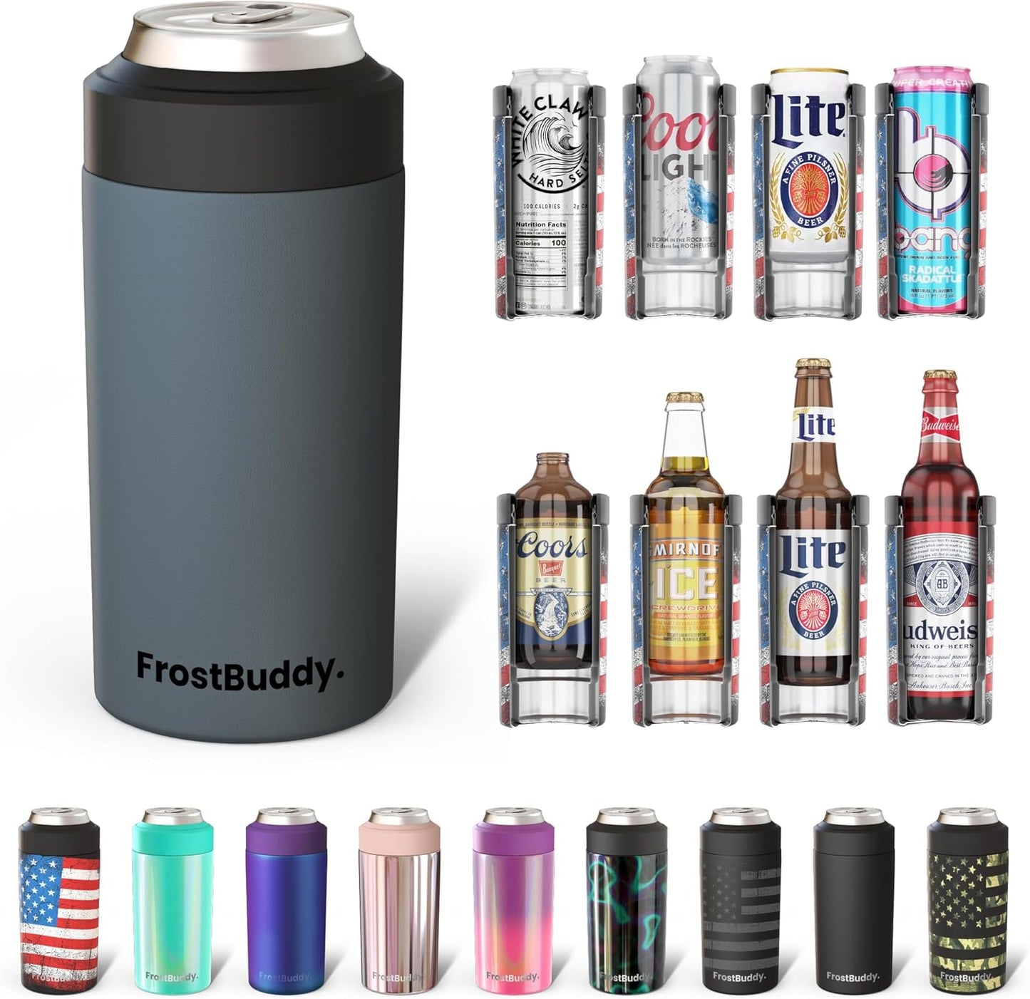 CZTICLE® Universal Buddy Can Cooler - Fits All - For Regular 12 & 16 oz or Slim-Size Bottles - Insulated Double -Walled Stainless Steel (All white)
