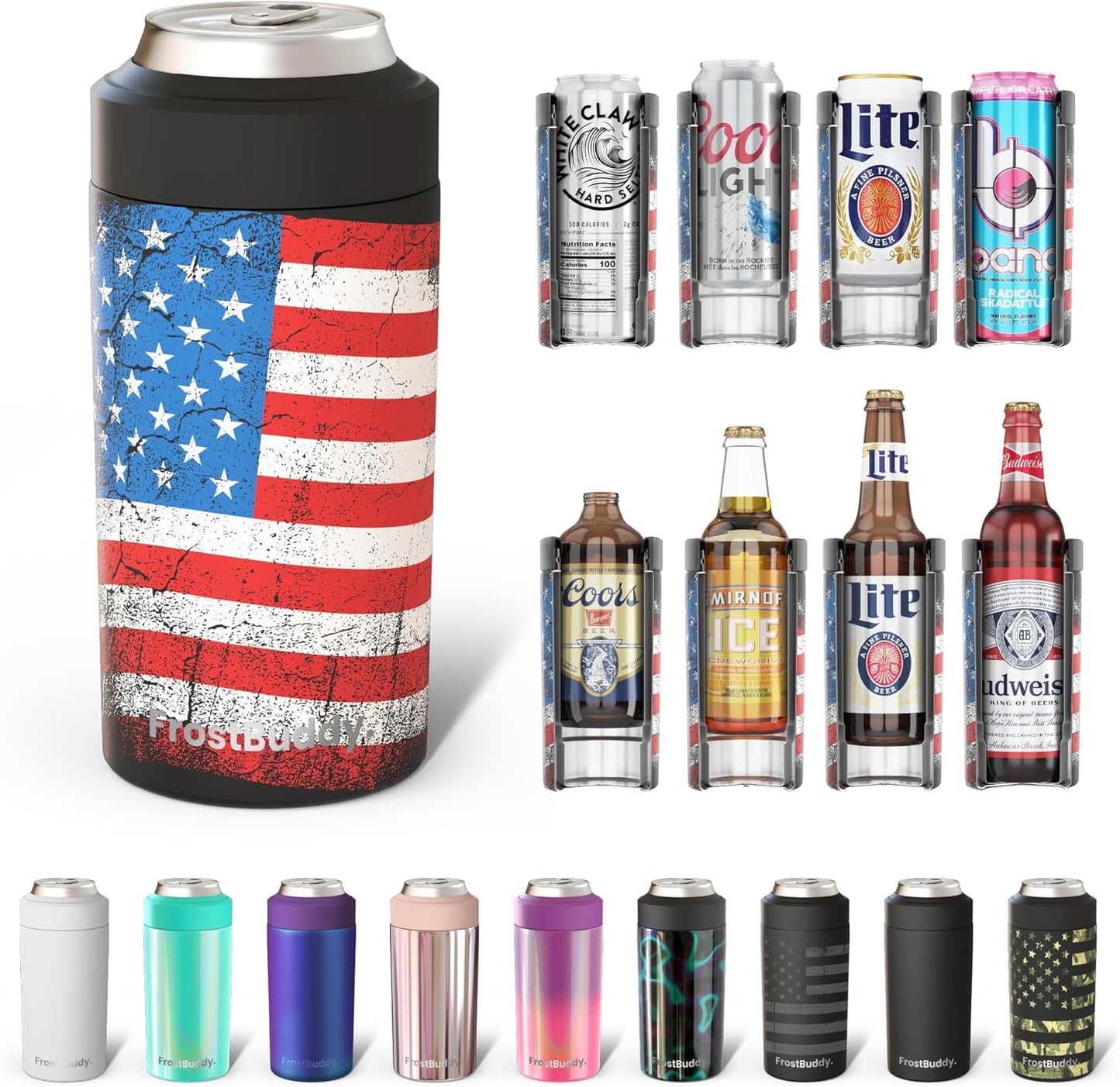 CZTICLE® Universal Buddy Can Cooler - Fits All - For Regular 12 & 16 oz or Slim-Size Bottles - Insulated Double -Walled Stainless Steel (All white)