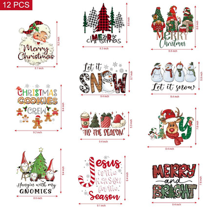 CILIFER® 12 Sheets Christmas Heat Transfers Vinyl.Christmas Iron On Transfers for T-Shirts.Holiday HTV Vinyl Iron on Decals for Clothes Pillow Hoodie DIY Crafts