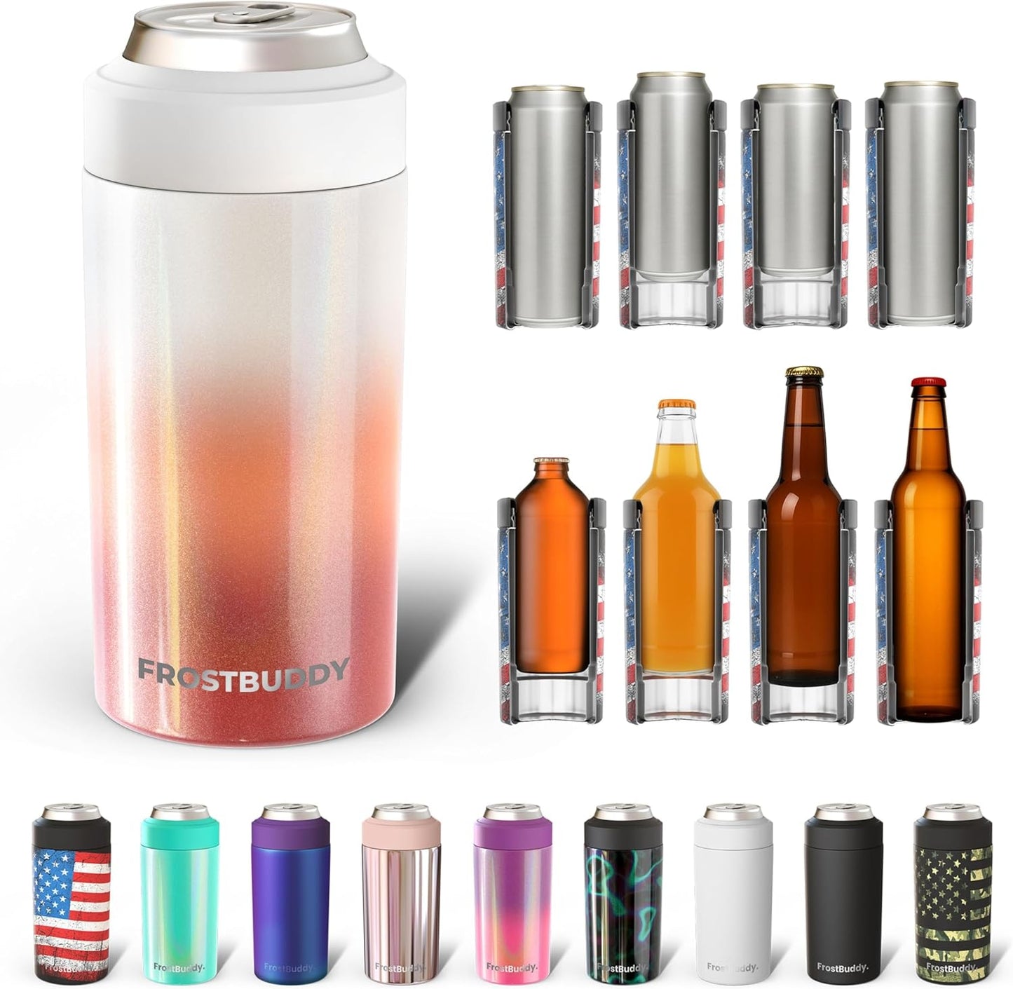 CZTICLE® Universal Buddy Can Cooler - Fits All - For Regular 12 & 16 oz or Slim-Size Bottles - Insulated Double -Walled Stainless Steel (All white)