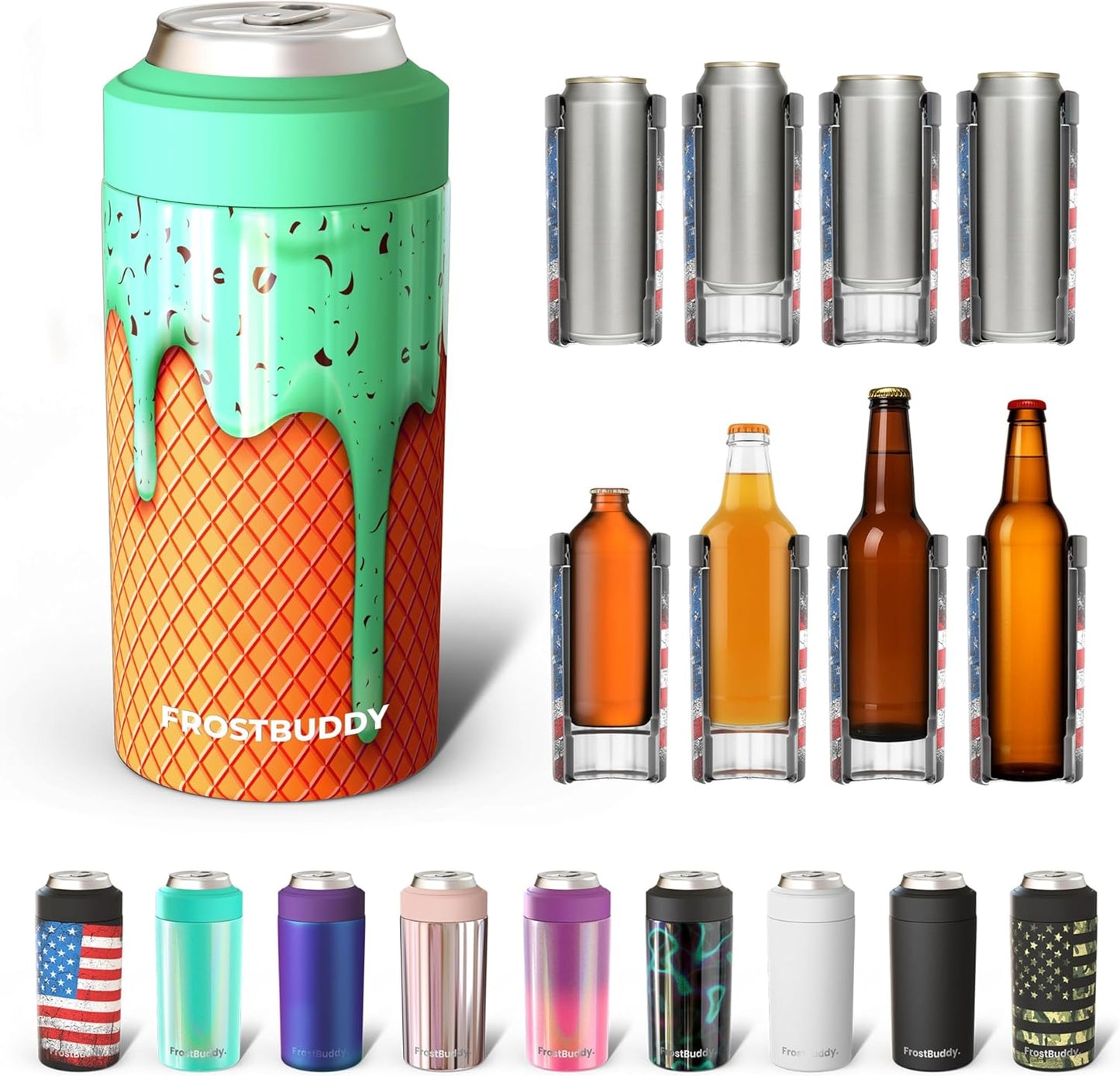 CZTICLE® Universal Buddy Can Cooler - Fits All - For Regular 12 & 16 oz or Slim-Size Bottles - Insulated Double -Walled Stainless Steel (All white)