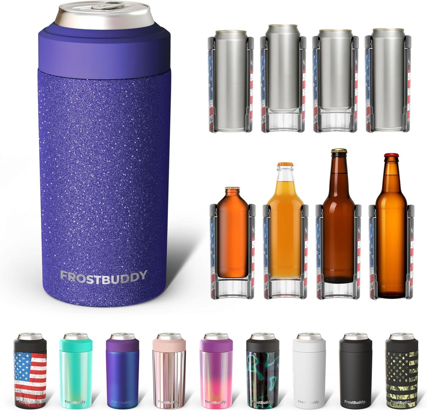 CZTICLE® Universal Buddy Can Cooler - Fits All - For Regular 12 & 16 oz or Slim-Size Bottles - Insulated Double -Walled Stainless Steel (All white)