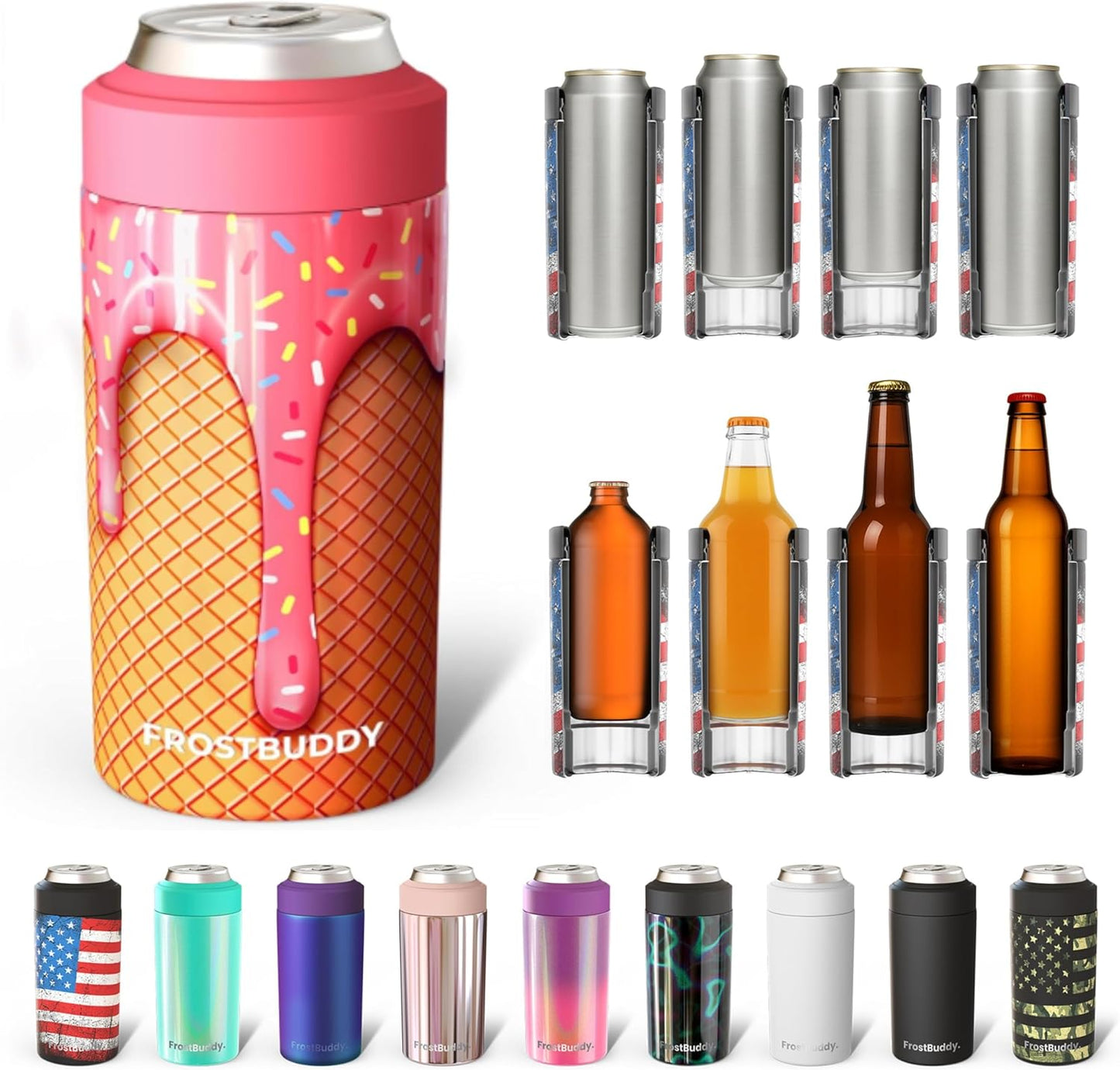 CZTICLE® Universal Buddy Can Cooler - Fits All - For Regular 12 & 16 oz or Slim-Size Bottles - Insulated Double -Walled Stainless Steel (All white)