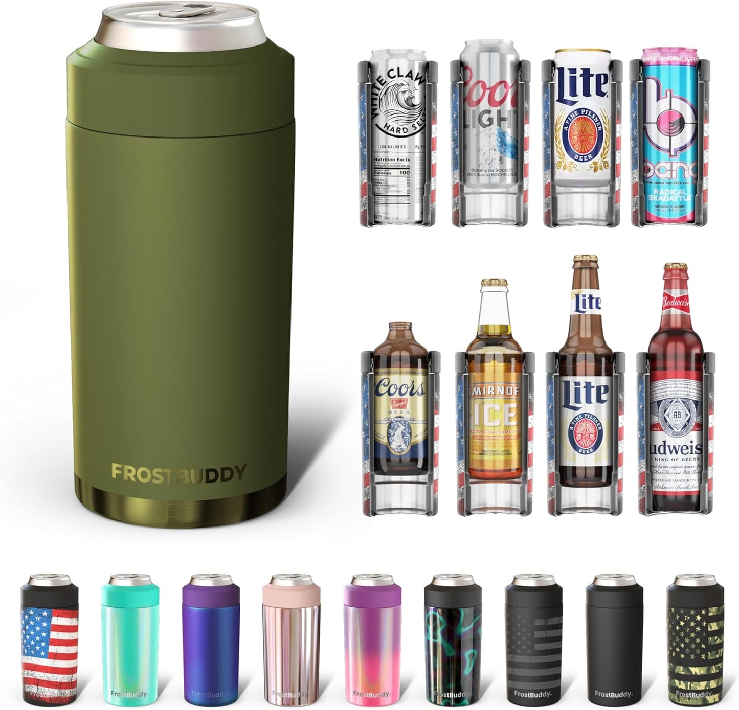 CZTICLE® Universal Buddy Can Cooler - Fits All - For Regular 12 & 16 oz or Slim-Size Bottles - Insulated Double -Walled Stainless Steel (All white)
