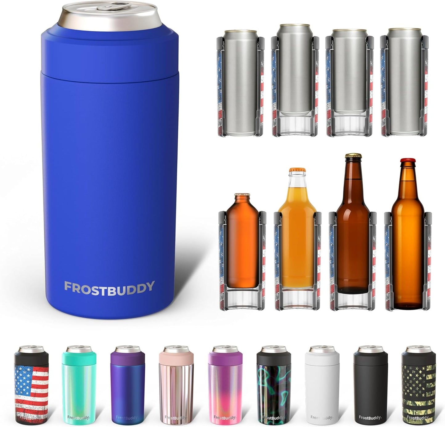 CZTICLE® Universal Buddy Can Cooler - Fits All - For Regular 12 & 16 oz or Slim-Size Bottles - Insulated Double -Walled Stainless Steel (All white)