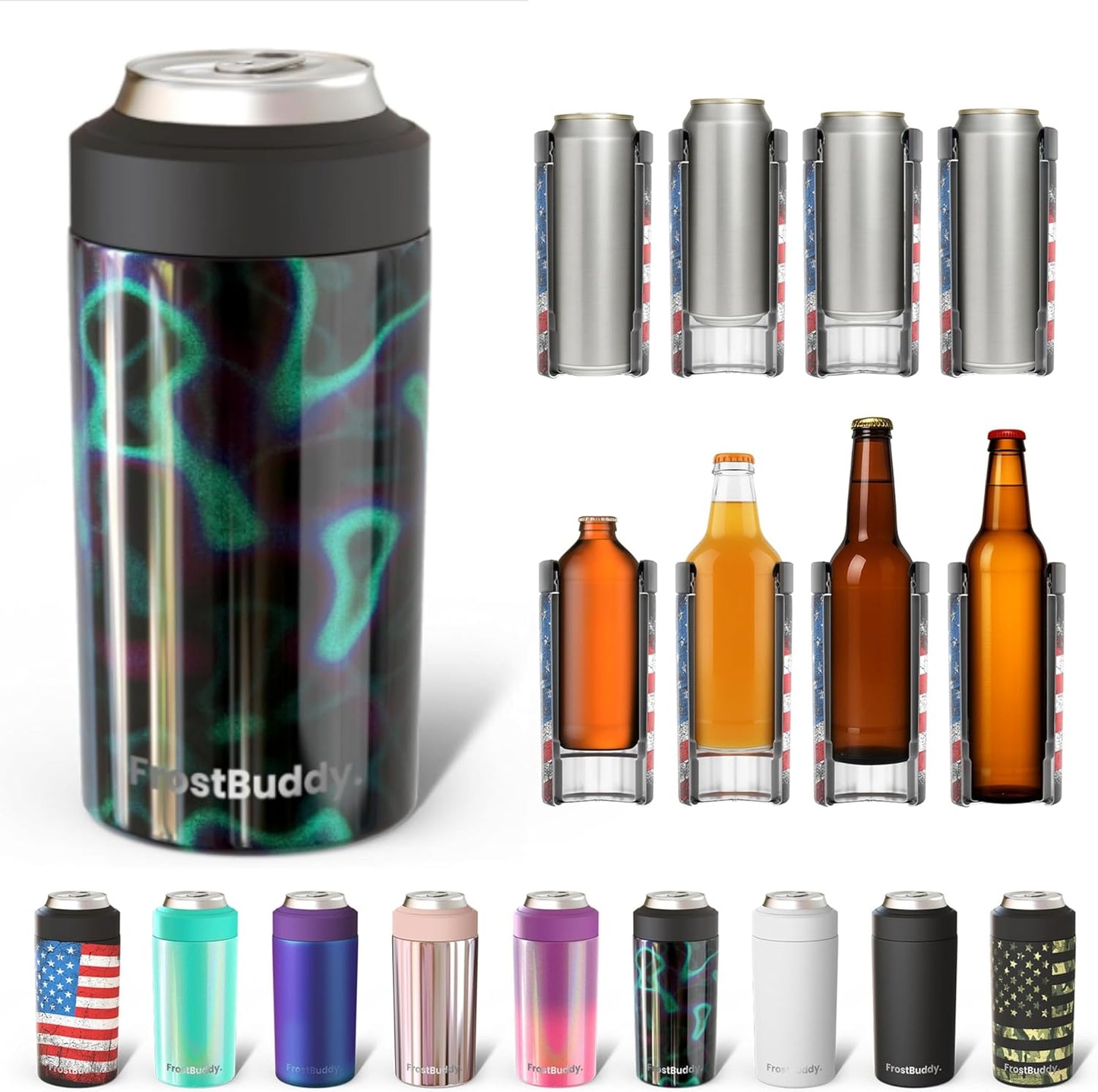 CZTICLE® Universal Buddy Can Cooler - Fits All - For Regular 12 & 16 oz or Slim-Size Bottles - Insulated Double -Walled Stainless Steel (All white)