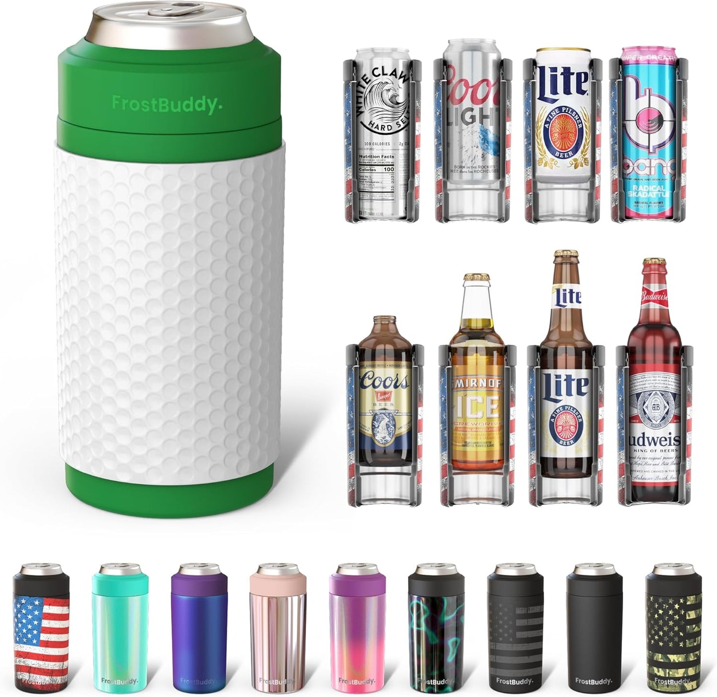 CZTICLE® Universal Buddy Can Cooler - Fits All - For Regular 12 & 16 oz or Slim-Size Bottles - Insulated Double -Walled Stainless Steel (All white)