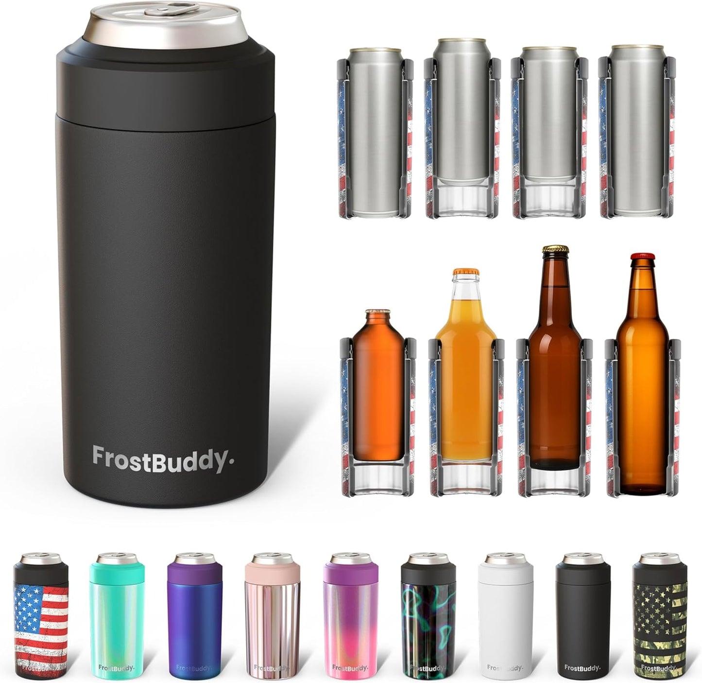 CZTICLE® Universal Buddy Can Cooler - Fits All - For Regular 12 & 16 oz or Slim-Size Bottles - Insulated Double -Walled Stainless Steel (All white)